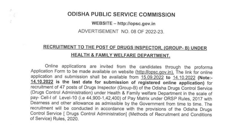 OPSC Drug Inspector Recruitment 2022-Jobs In Odisha : Apply Now Various Inspector Jobs