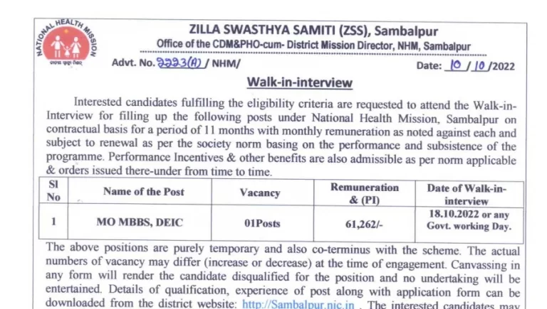 Zilla Swasthya Samiti Medical Officer Recruitment 2022